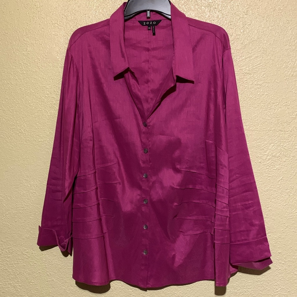 Zozo Top Blouse 2X Purple/Pink Front Buttons Collared Linen Polyester